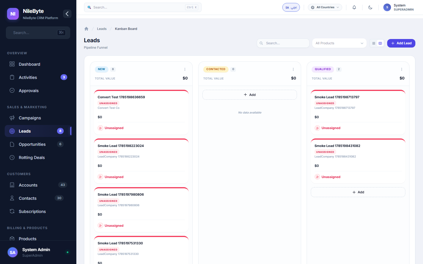 لوحة كانبان للعملاء المحتملين في NileByte CRM
